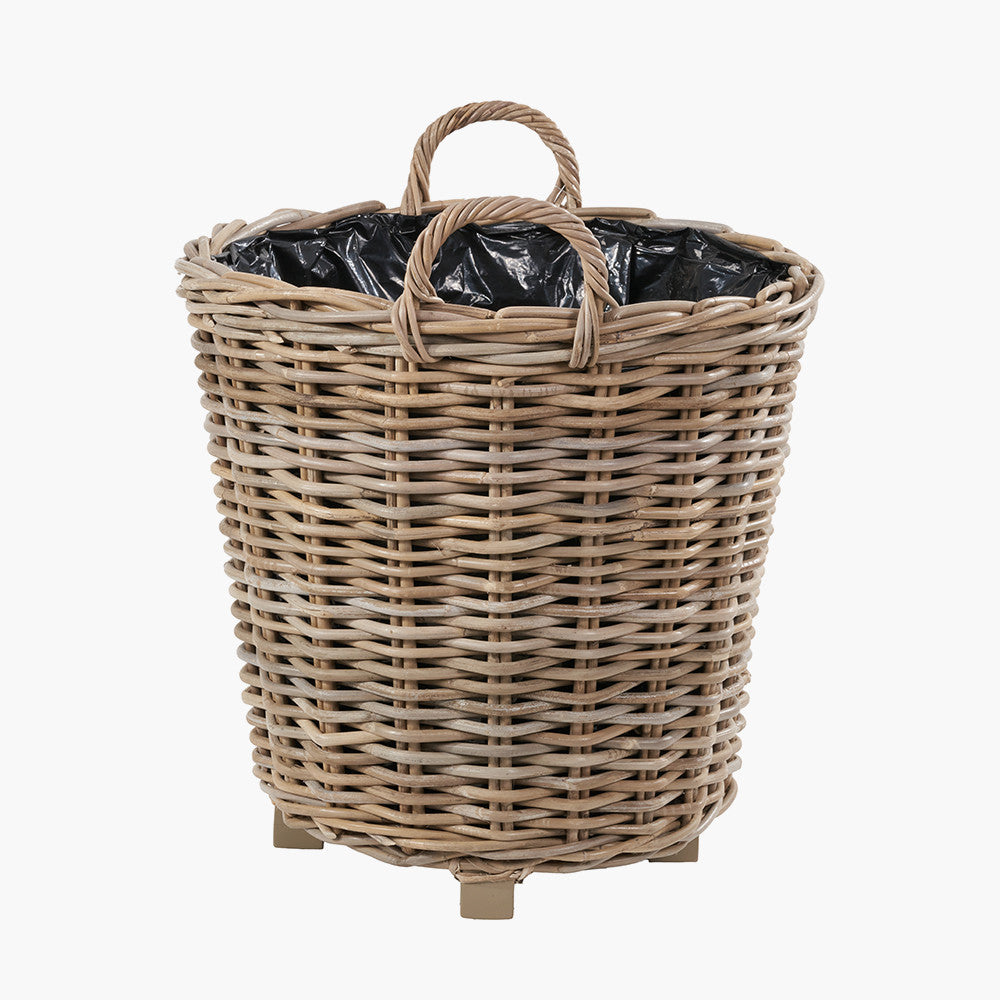 Tobs Indoor Outdoor Grey Kubu Rattan Round Basket Planter with Handles